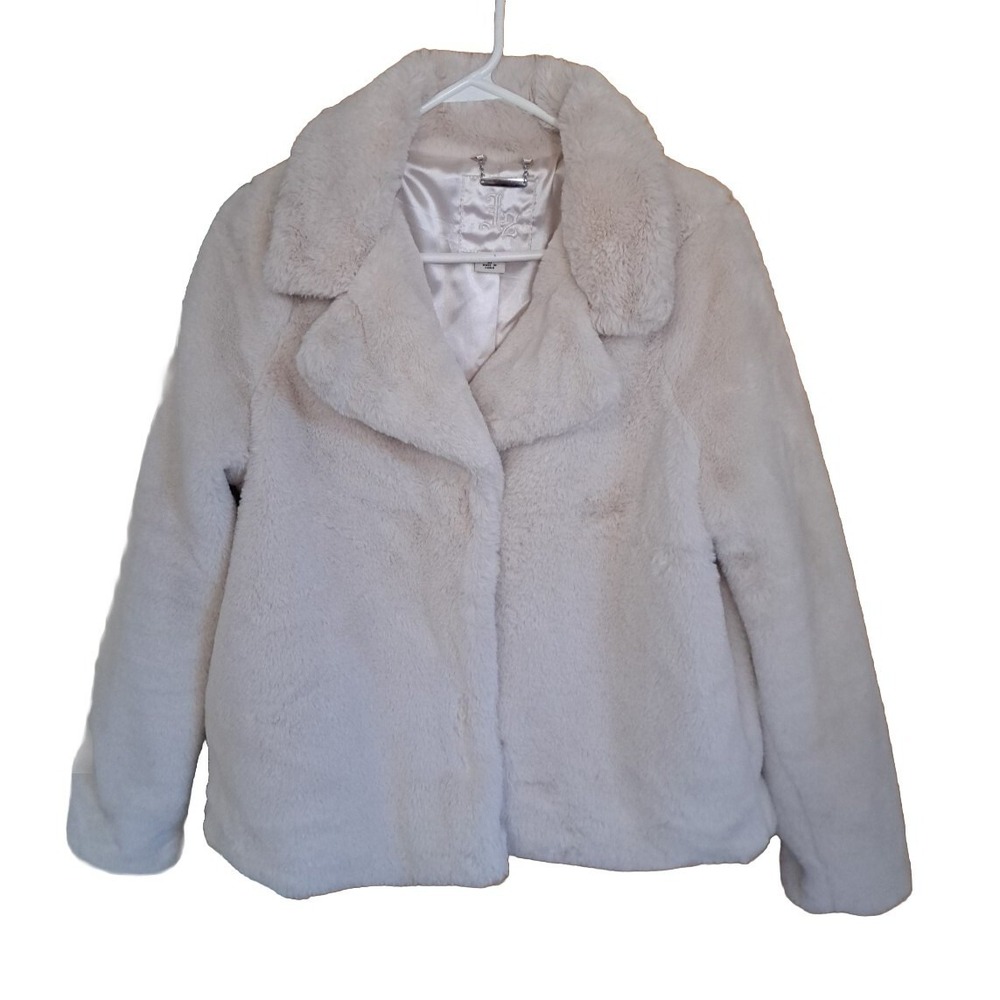 j2‎ Women's Lg Cream Color Classic Coat Vintage Style Faux Fur Snaps Pre-owned